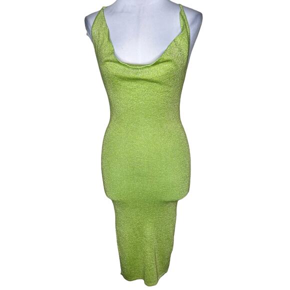 Superdown Sabrina Knit Midi Dress XS Green Metallic Party Cocktail Draped Neck - Picture 2 of 12